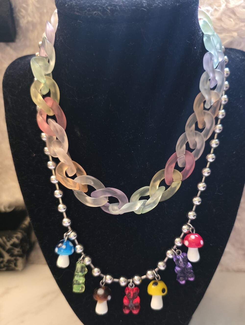 Colorful Pastel Chain Necklace and Mushroom & Bear Necklace